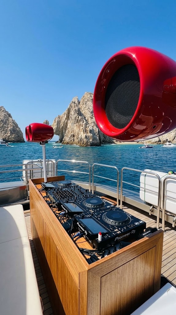 Sistema de DJ y audio en la cubierta de un yate en Los Cabos